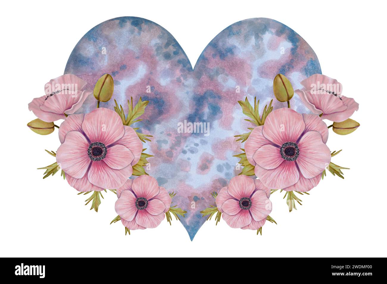 Coeur de l'espace avec fleur d'anémone rose.illustration de l'aquarelle et du marqueur. Élément botanique céleste pour la Saint-Valentin, la fête des mères. Concept de Banque D'Images