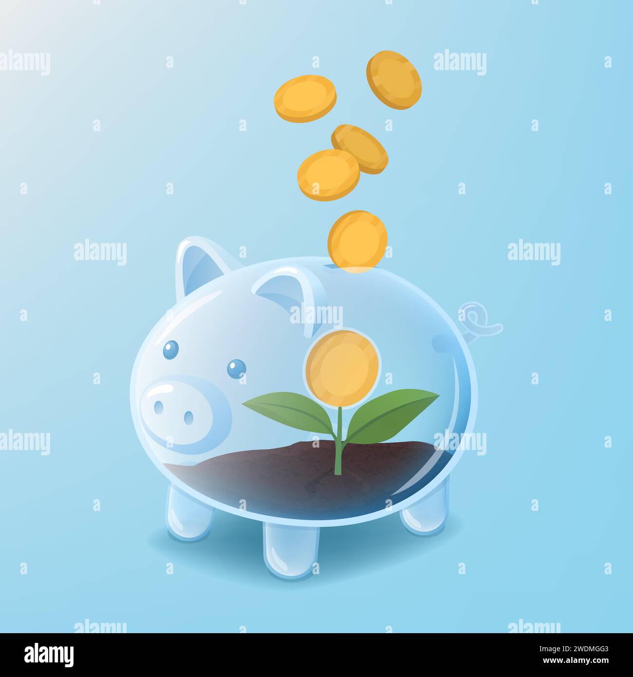 Germe avec pièce de monnaie à l'intérieur d'une tirelire en verre : concept d'épargne et de retour sur investissement Illustration de Vecteur