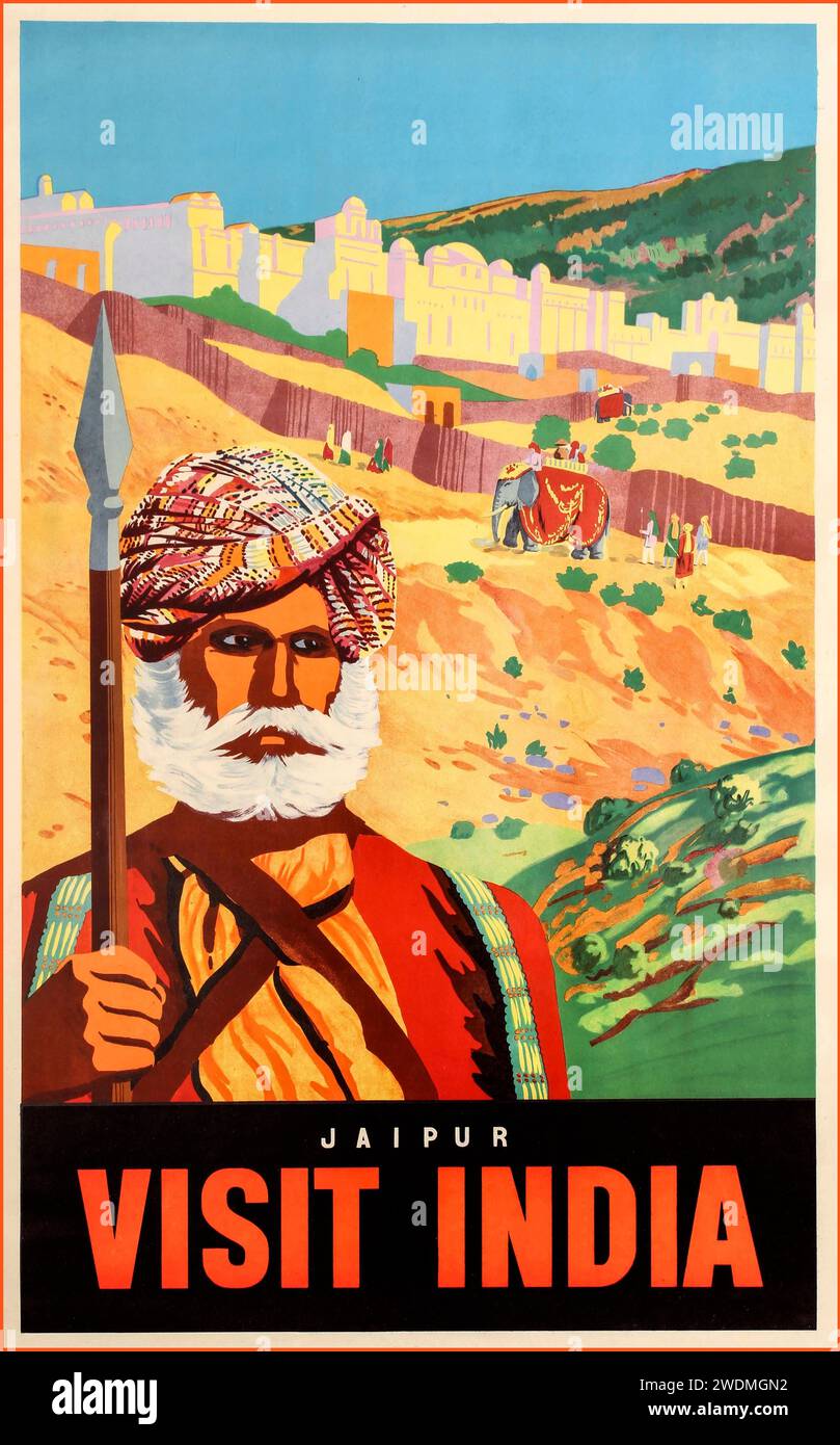 Vintage 1950 'JAIPUR VISIT INDIA' illustration d'affiche de tourisme de voyage rétro. Plus grande ville de l'État indien du Rajasthan Inde Banque D'Images