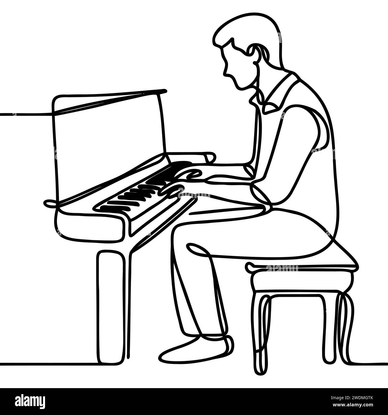 un dessin au trait continu d'un pianiste jouant d'un piano à queue classique. Illustration de Vecteur
