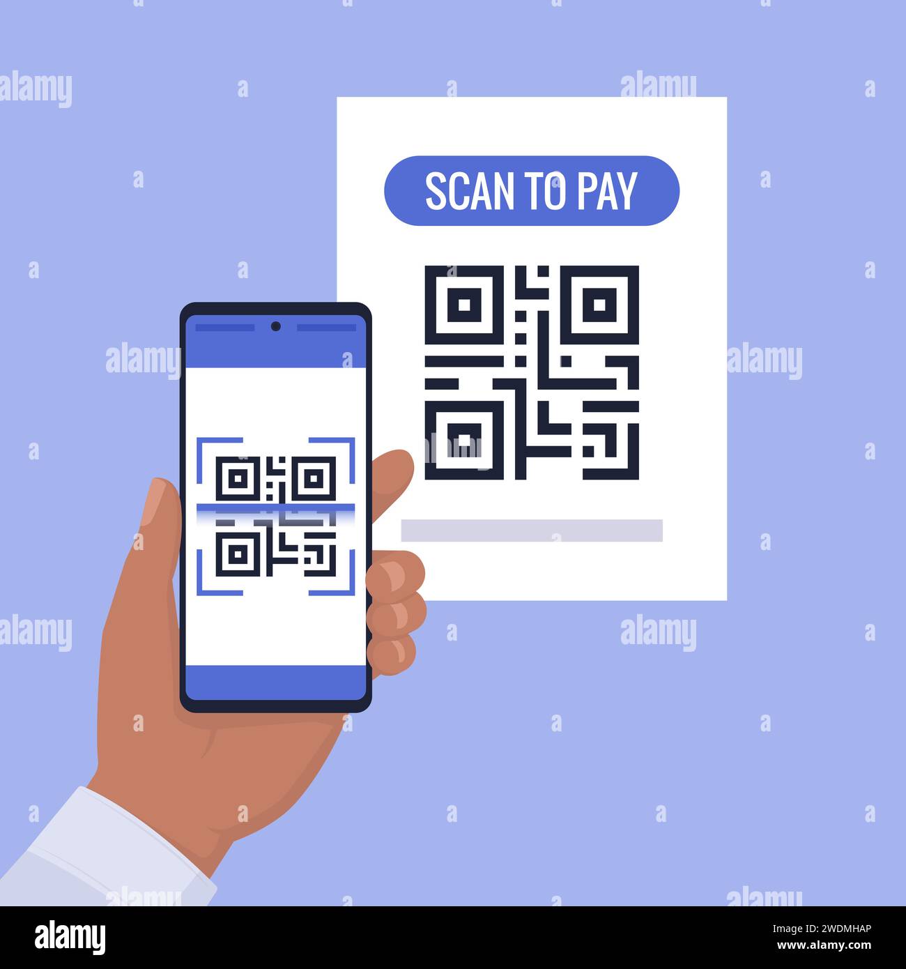 Client scannant un QR code avec son smartphone et effectuant un paiement dans un magasin Illustration de Vecteur
