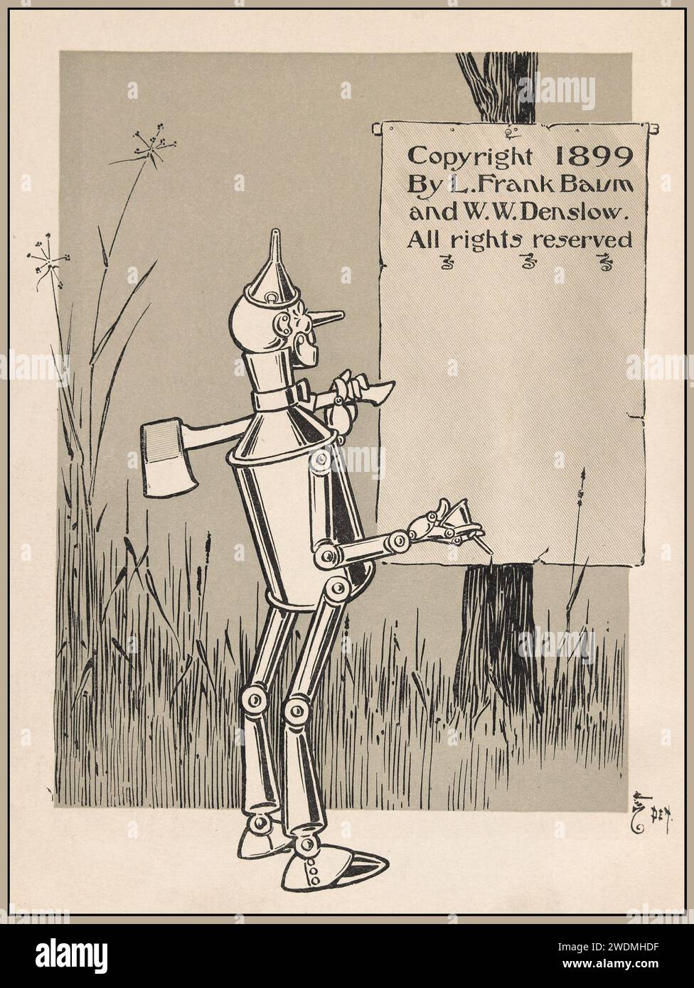 Page de crédit du livre Vintage Wizard of Oz par L.Frank Baum et W.W. Denslow 1899 avec 'The Tin Man' Banque D'Images