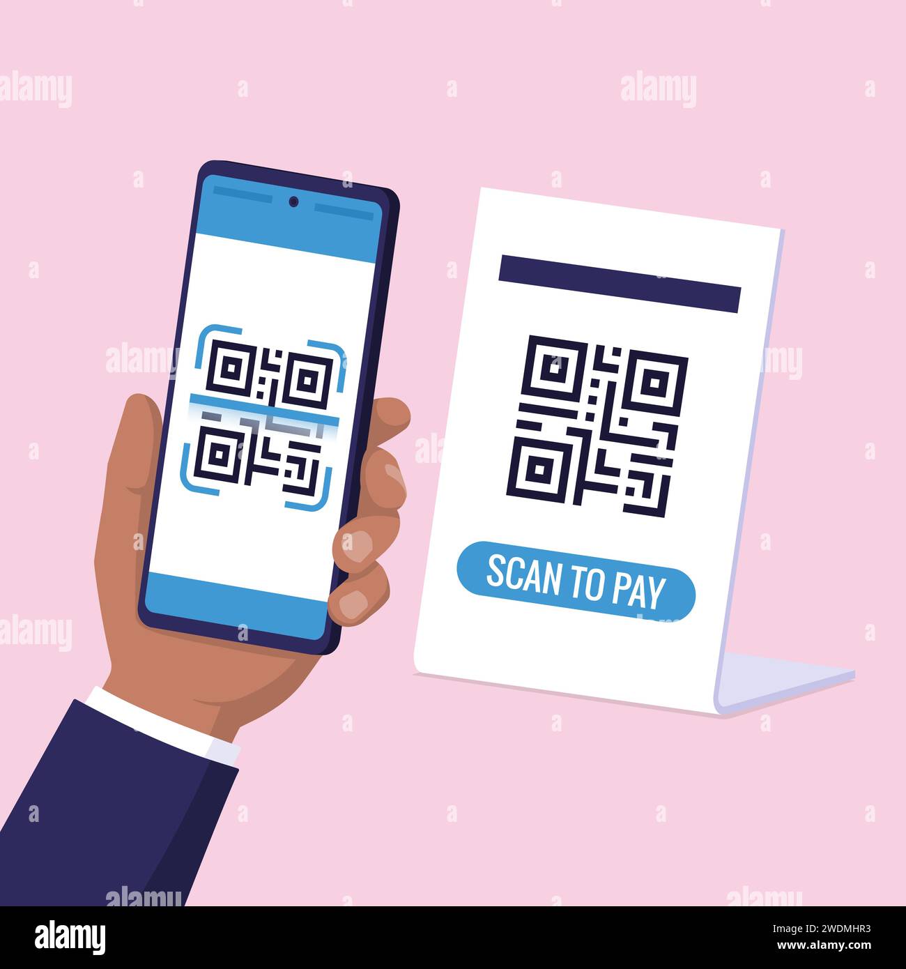 Client scannant un QR code avec son smartphone et effectuant un paiement dans un magasin Illustration de Vecteur