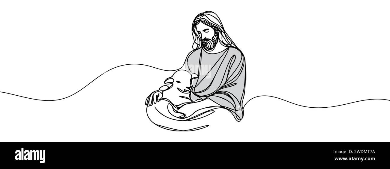 Dessin continu de Jésus-Christ tenant un agneau dans ses bras. Illustration de Vecteur