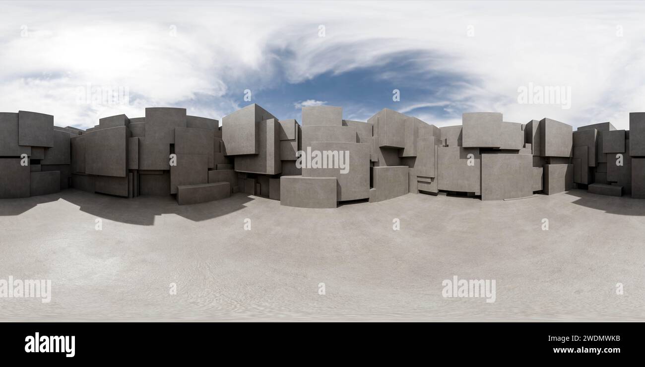 Groupe de blocs de béton sur le sol en béton 360 panorama vr environnement map Banque D'Images