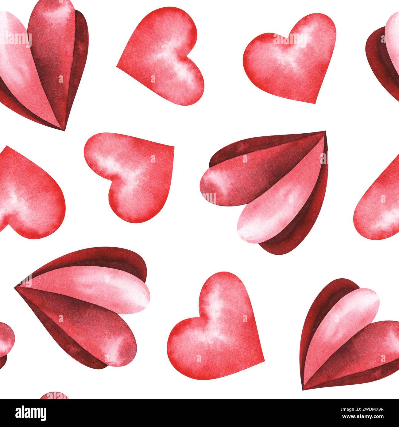 Aquarelle rouge coeurs motif sans couture isolé sur fond blanc. Dessiné à la main. Concept de Saint Valentin. Pour tissu, textile, design, emballage Banque D'Images