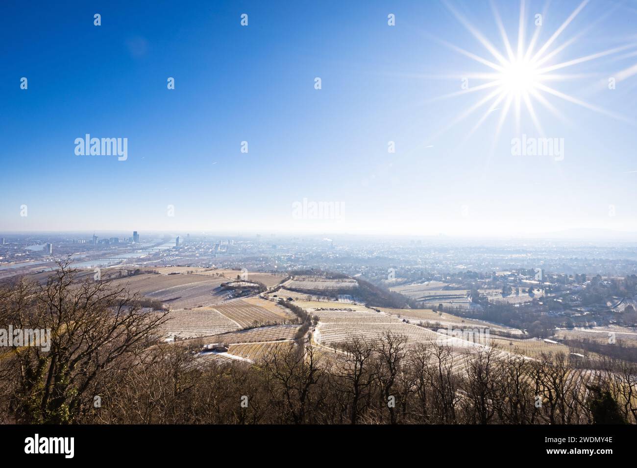 Vienne, Autriche en Europe. Vue panoramique sur la ville et le danube depuis la colline Kahlenberg. Beau paysage hivernal de jour. Banque D'Images