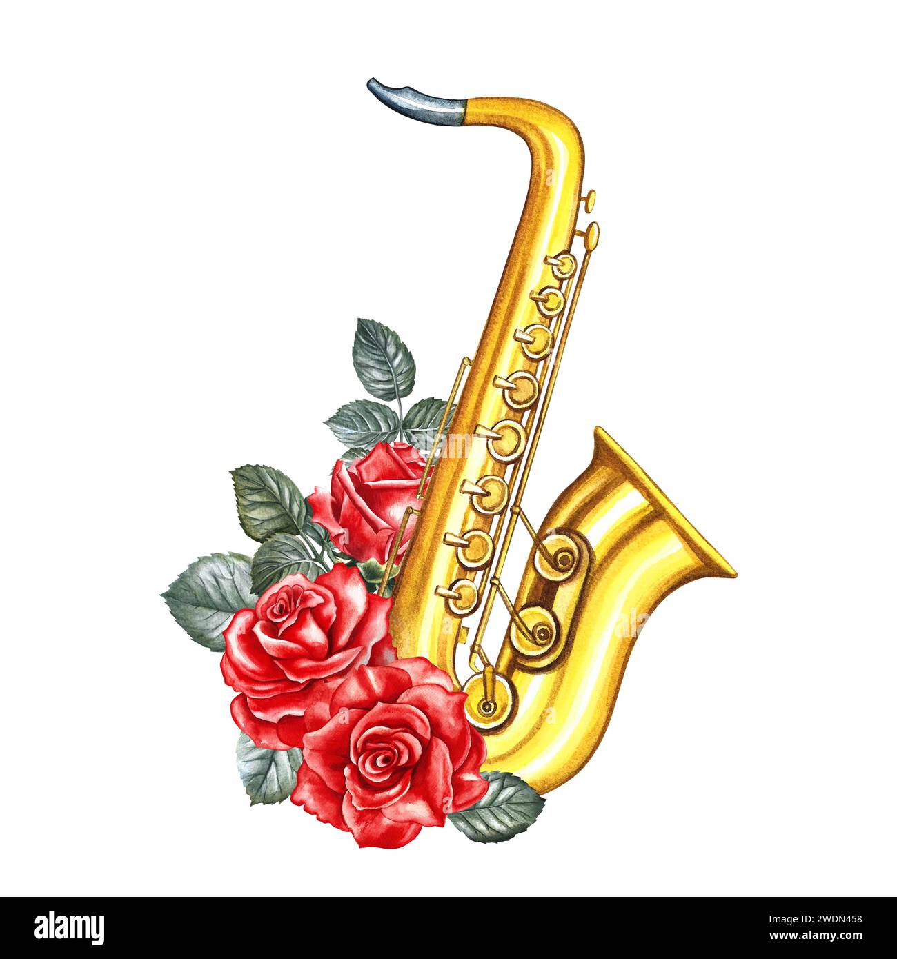 Saxophone doré décoré de roses rouges. L'illustration de l'aquarelle est dessinée à la main. Isolez-le. Pour affiches, dépliants et cartes d'invitation. Pour bannière Banque D'Images