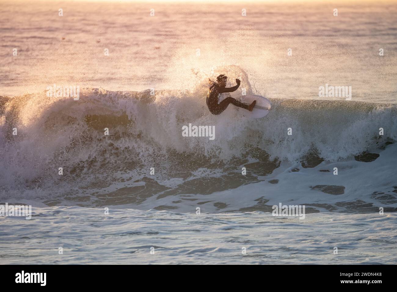 Jeune surfeur avec combinaison de plongée profitant de grosses vagues. Banque D'Images