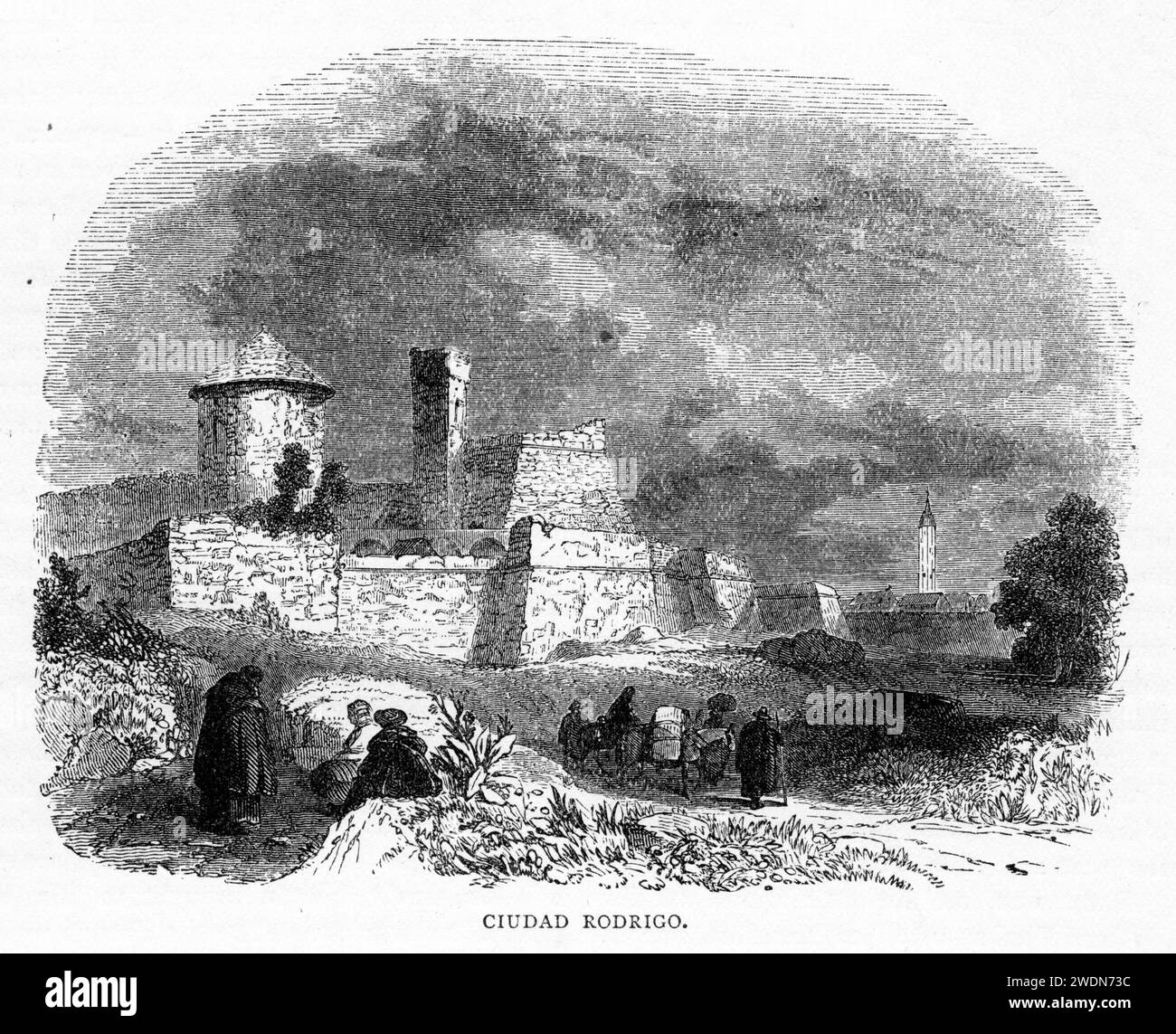Gravure de Ciudad Rodrigo, une ville près de la frontière de l'Espagne avec le Portugal. Elle est connue pour sa vieille ville et ses remparts du 12e siècle. À l'intérieur des remparts se trouve la cathédrale de Santa María, avec des portes gothiques et romanes ornées. Publié circa 1880 Banque D'Images
