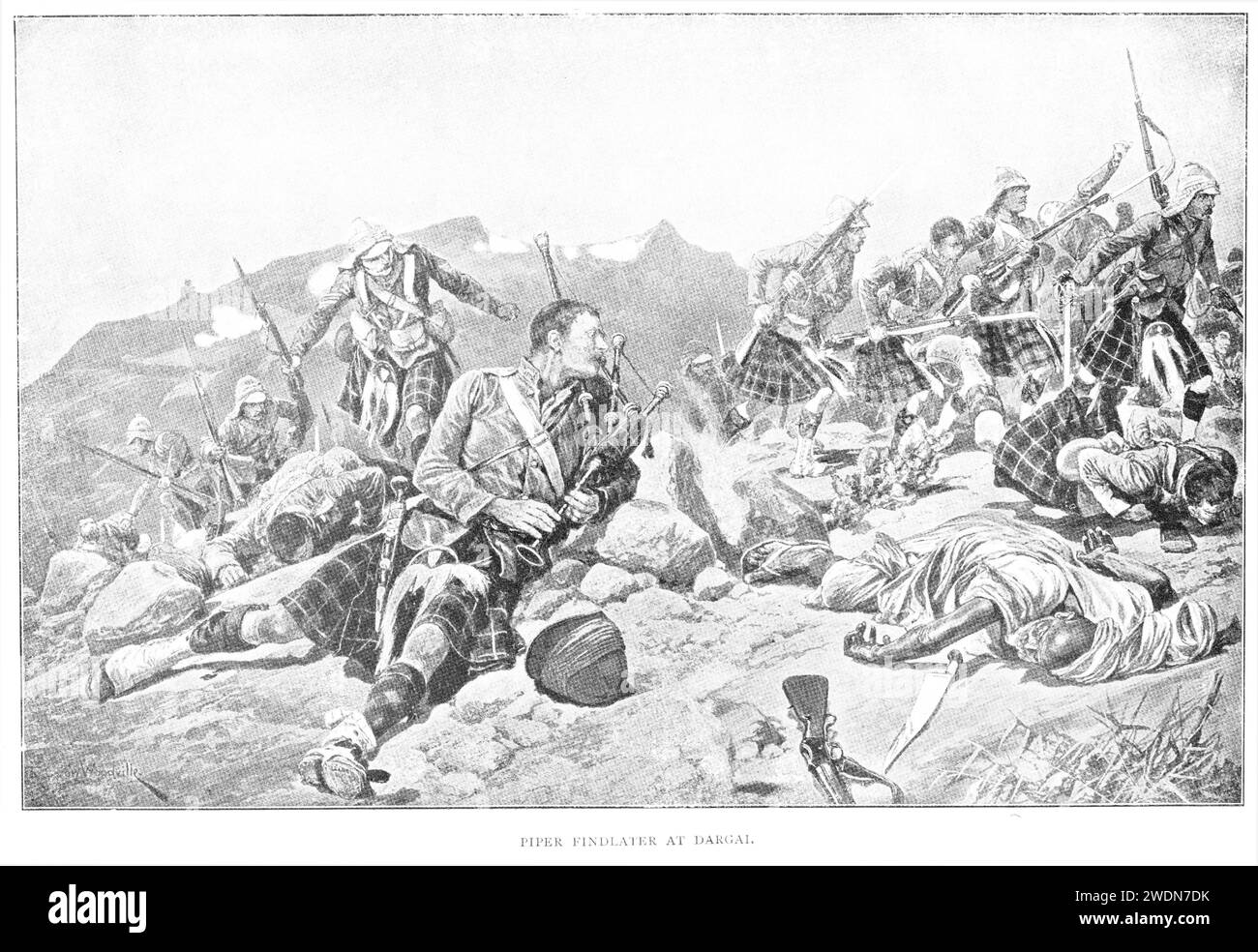George Findlater, récompensé de la Croix de Victoria, Inde, campagne de Tirah, de Heroes of the United Service, publié en 1904. Le 20 octobre 1897, Findlater, alors joueur junior dans les Gordon Highlanders, reçoit une balle dans les chevilles lors d'une avance contre les défenses adverses à la bataille des hauteurs de Dargai ; incapable de marcher, et exposé au feu ennemi, il continue de jouer, pour encourager l'avance du bataillon. Banque D'Images