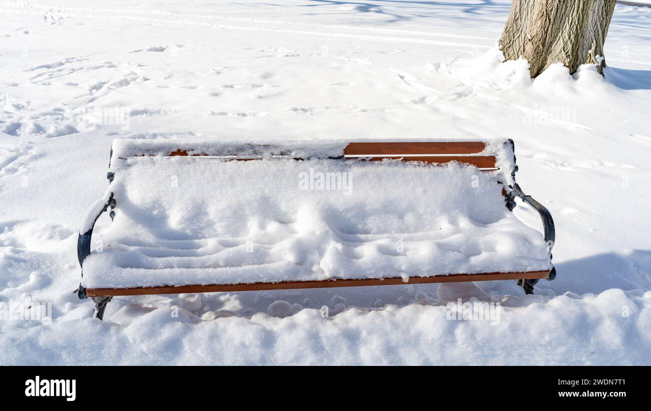 Les chutes de neige fraîches dans le centre-ville de Boise ont recouvert un banc de neige Banque D'Images