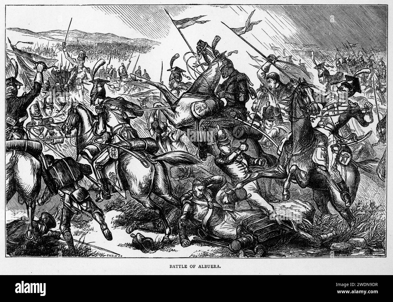 La bataille d'Albuera (16 mai 1811) a eu lieu pendant la guerre péninsulaire. Un corps mixte britannique, espagnol et portugais engagea des éléments de l'Armée du midi dans le petit village espagnol d'Albuera, à environ 20 kilomètres (12 mi) au sud de la forteresse frontière de Badajoz, en Espagne. Banque D'Images