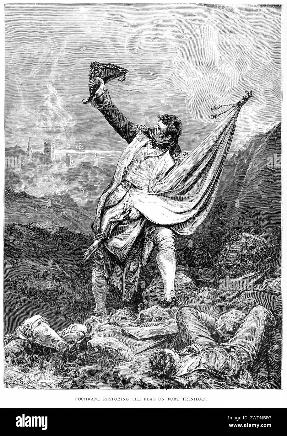 Thomas Cochrane rétablit le drapeau sur fort Trinidad. La vie et les exploits de Cochrane ont inspiré la fiction navale des romanciers des 19e et 20e siècles, en particulier les personnages fictifs Horatio Hornblower de C. S. Forester et Jack Aubrey de Patrick O'Brian. Banque D'Images