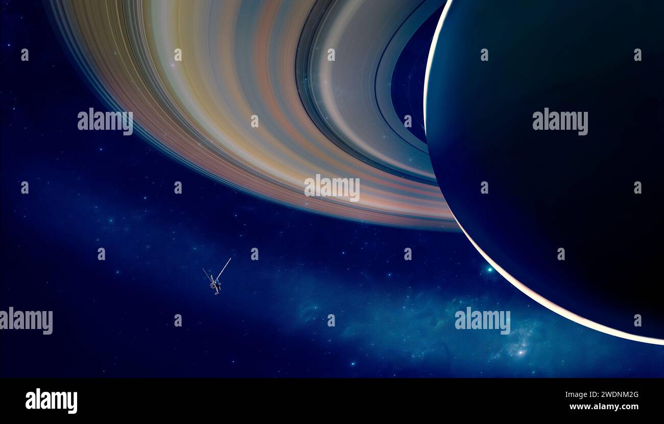 Vue de la planète Saturne avec anneaux. Sonde Voyager en exploration autour de la planète. Système solaire. rendu 3d. Banque D'Images