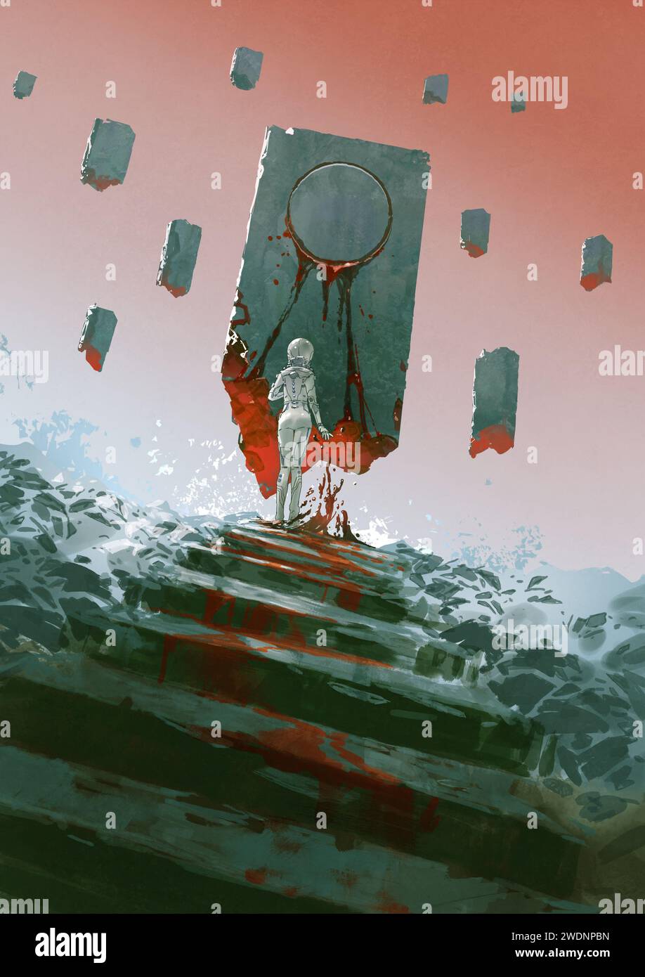 Une femme futuriste debout devant une roche sacrée flottante, style art numérique, peinture d'illustration Banque D'Images