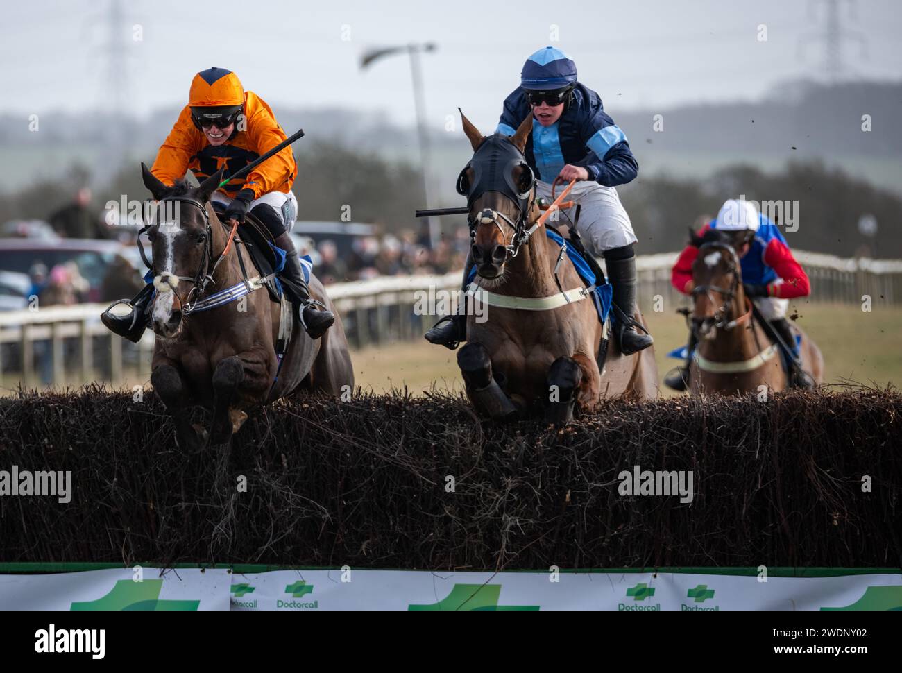 Caballo Diablo et le jockey Paddy Barlow (soies orange) remportent le Restricted au Heythrop Hunt P2P à Cocklebarrow. Crédit JTW Equine Images / Alamy. Banque D'Images