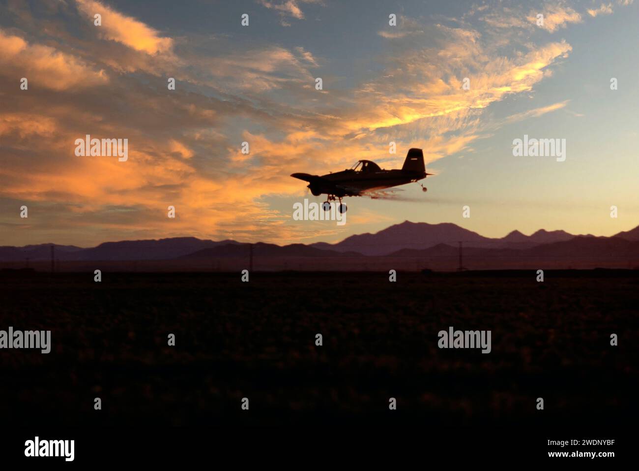 Avion monomoteur pour dépoussiéreur de récolte volant à basse altitude au-dessus d'un champ dans la vallée impériale de Californie au coucher du soleil Banque D'Images