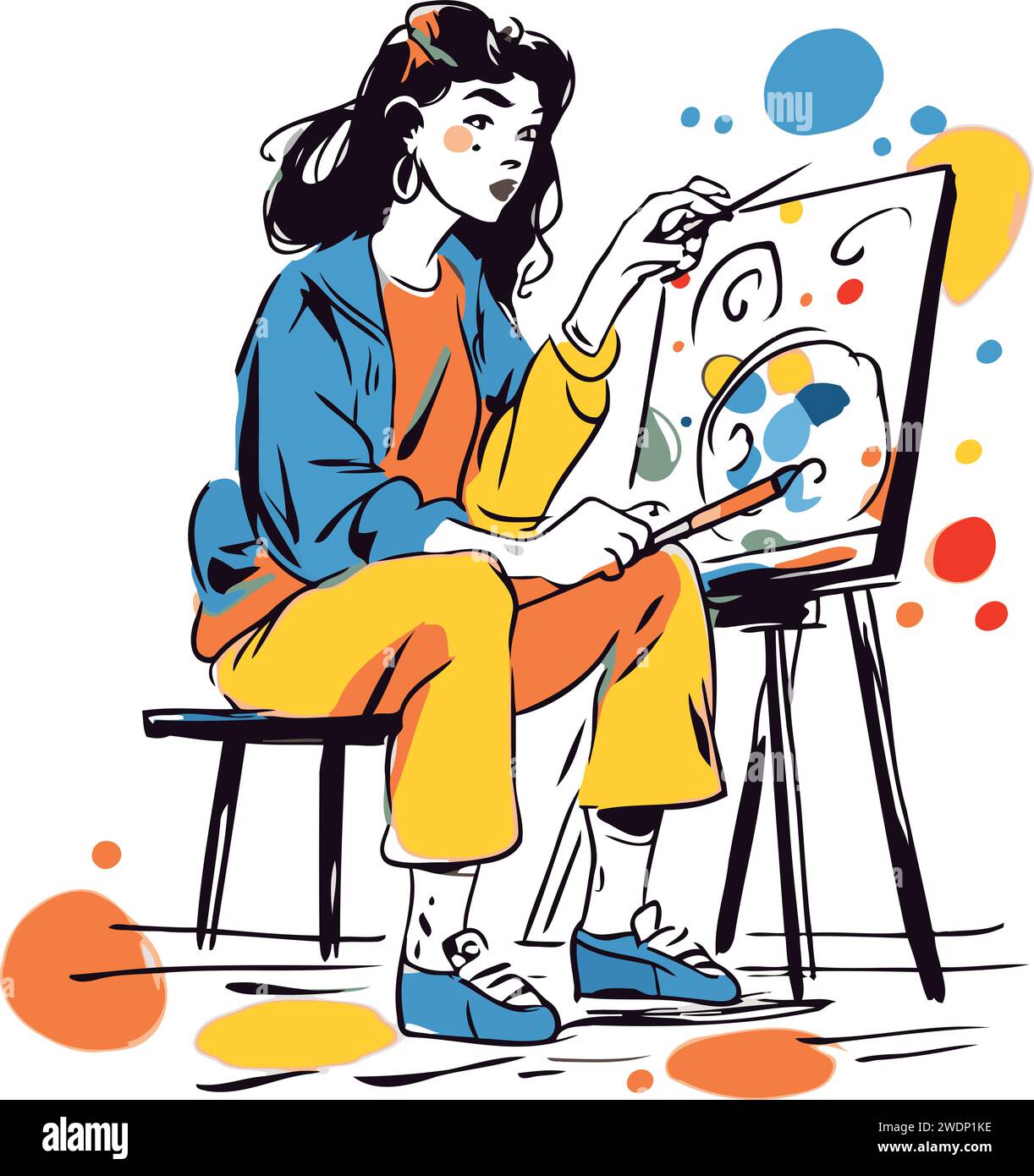 Vector illustration dessinée à la main d'une jeune femme peintre assise sur une chaise et peinture. Illustration de Vecteur