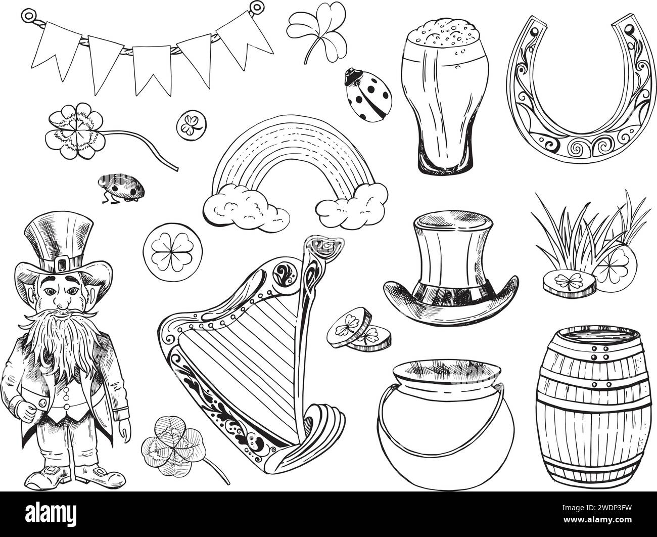 St. Patrick dessiné à la main Doodle Line Art Outline Set contenant Leprechaun, pièces d'or, chapeau haut de gamme, harpe, barbe, arc-en-ciel, bottes, Shamrock, pot, fer à cheval, Illustration de Vecteur