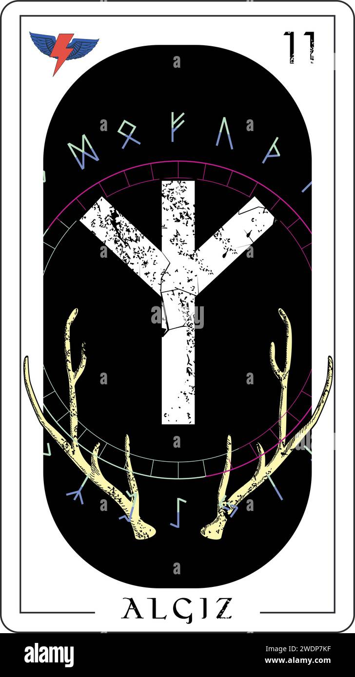 Carte de tarot viking avec alphabet runique. Conception d'un t-shirt avec le lettrage runique appelé Algiz à côté des cornes d'élan. Illustration de Vecteur