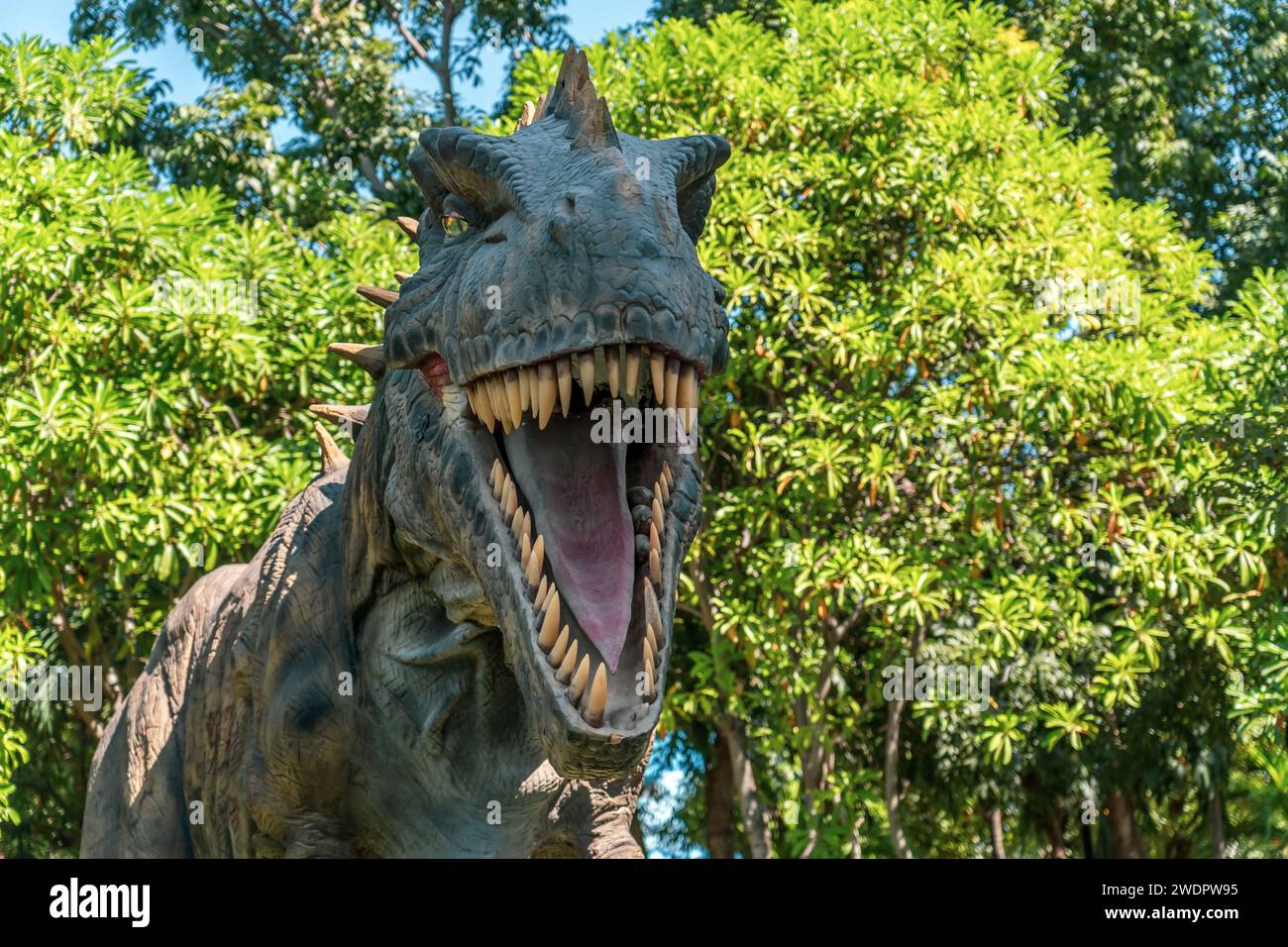 Un dinosaure prédateur en colère dans la jungle verte crie et grogne dans toute la forêt Banque D'Images
