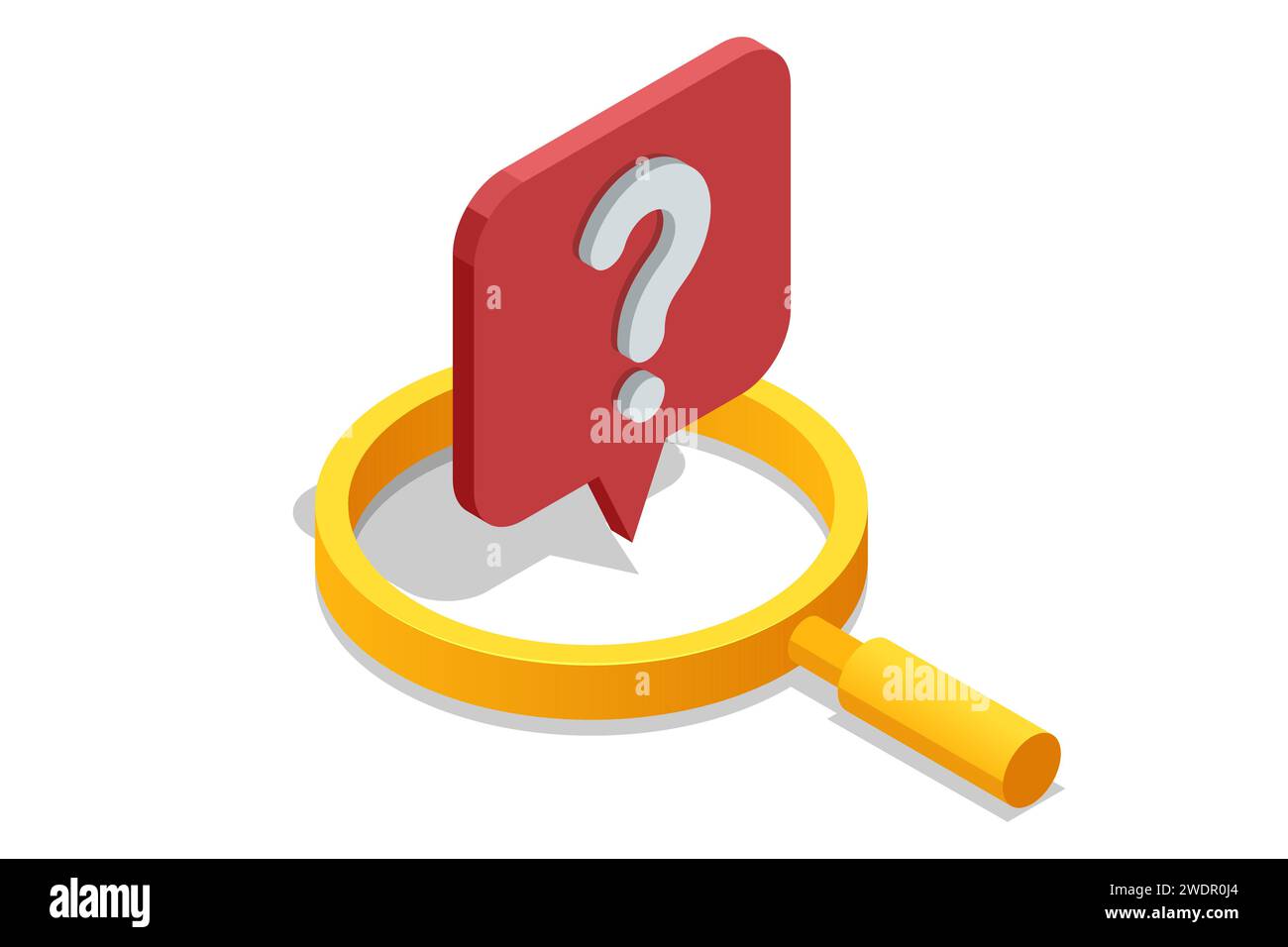 Points d'interrogation isométriques, boîte de message avec question, technologie Chatbot, bot de chat IA basé sur l'intelligence artificielle. Loupe. Illustration de Vecteur