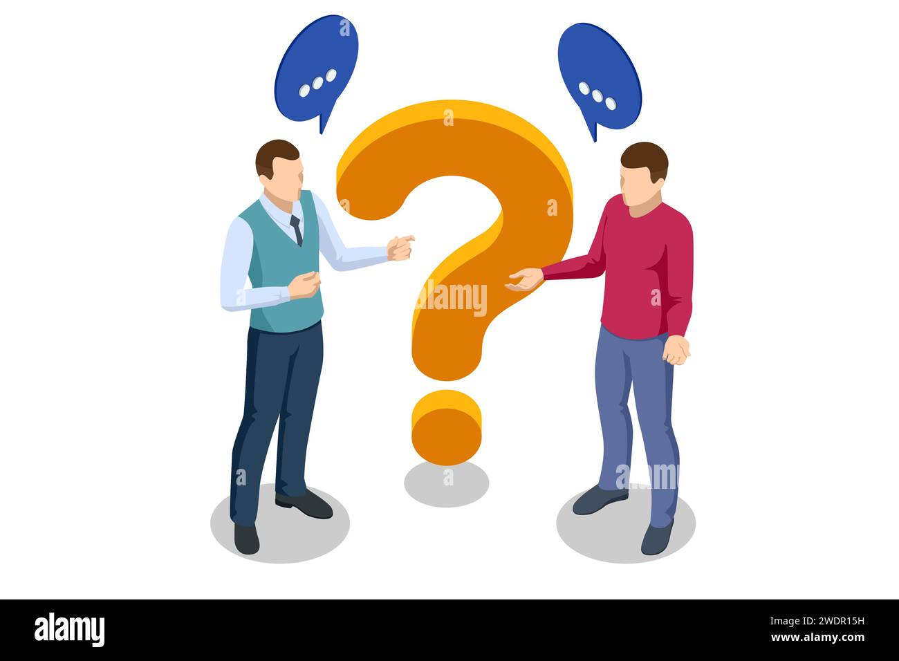 Points d'interrogation isométriques, boîte de message avec question, technologie Chatbot, bot de chat IA basé sur l'intelligence artificielle. Homme poser des questions et recevoir Illustration de Vecteur