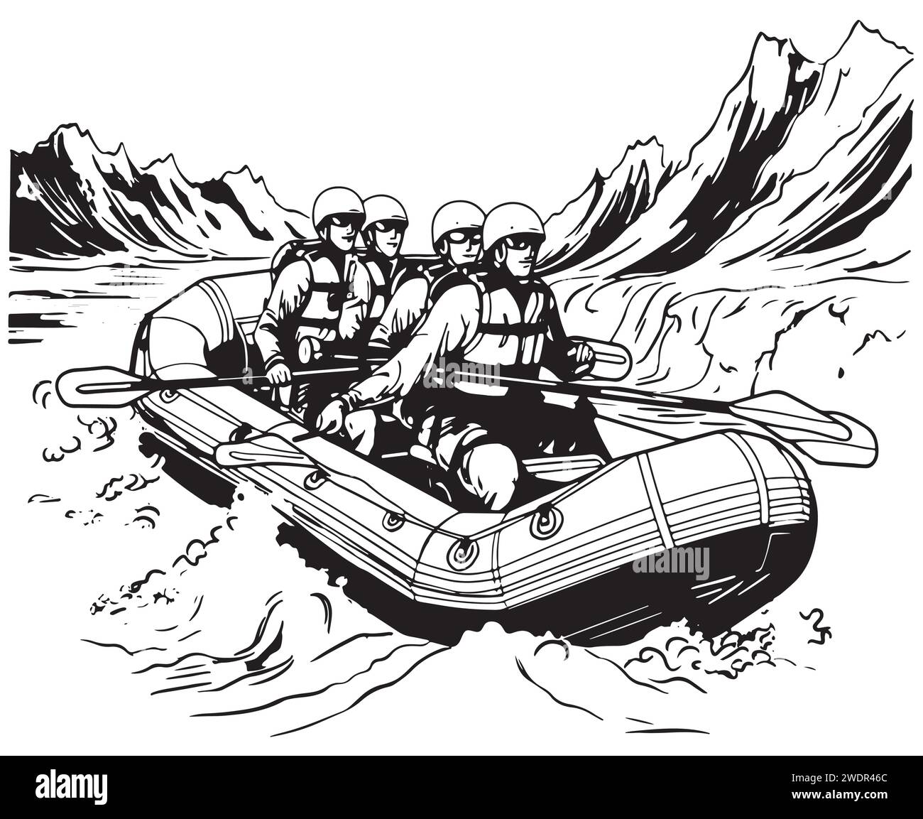Croquis à la main de personnes sur un radeau rafting sport illustration vectorielle Illustration de Vecteur
