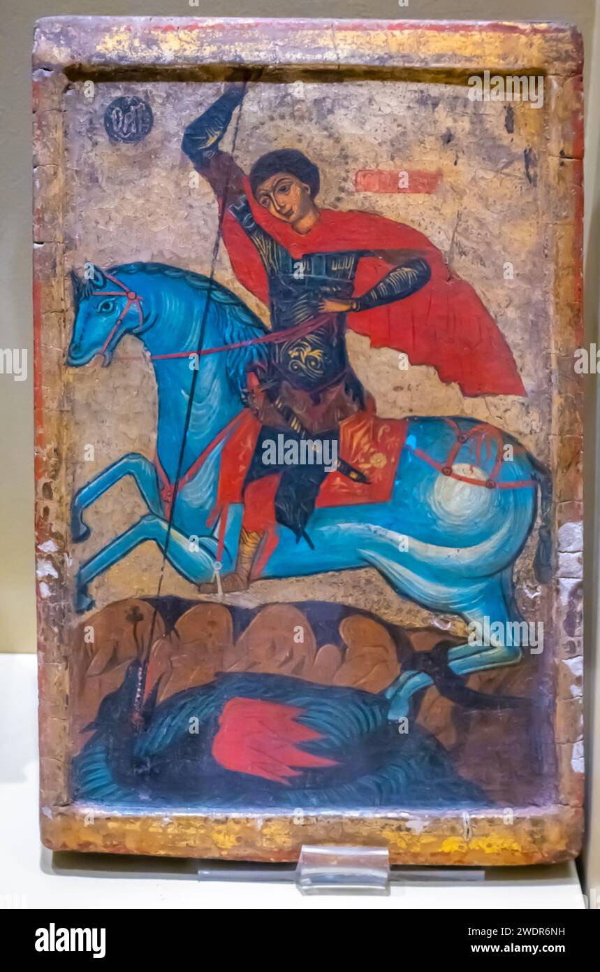 Icône en bois syriaque de Saint George tuant le Dragon , Bois, 18e- 19e siècle, Mardin Banque D'Images