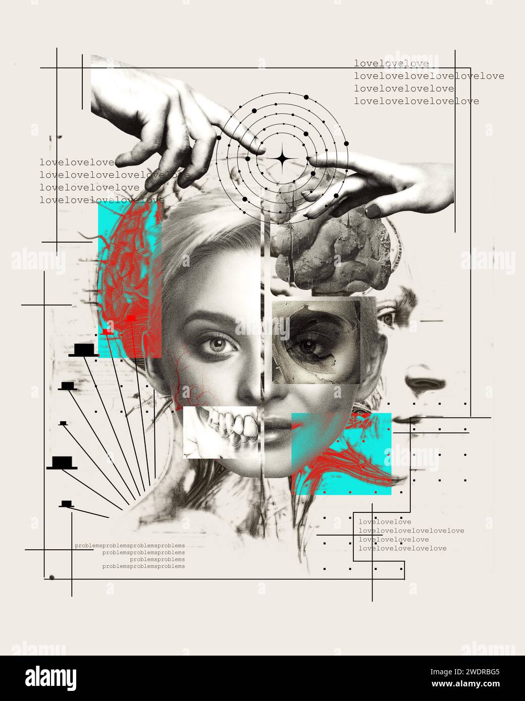 Art visuel pour une campagne de promotion de la base neurologique des émotions et de l'amour. Collage d'une femme, illustration cérébrale et éléments abstraits. Amour Banque D'Images
