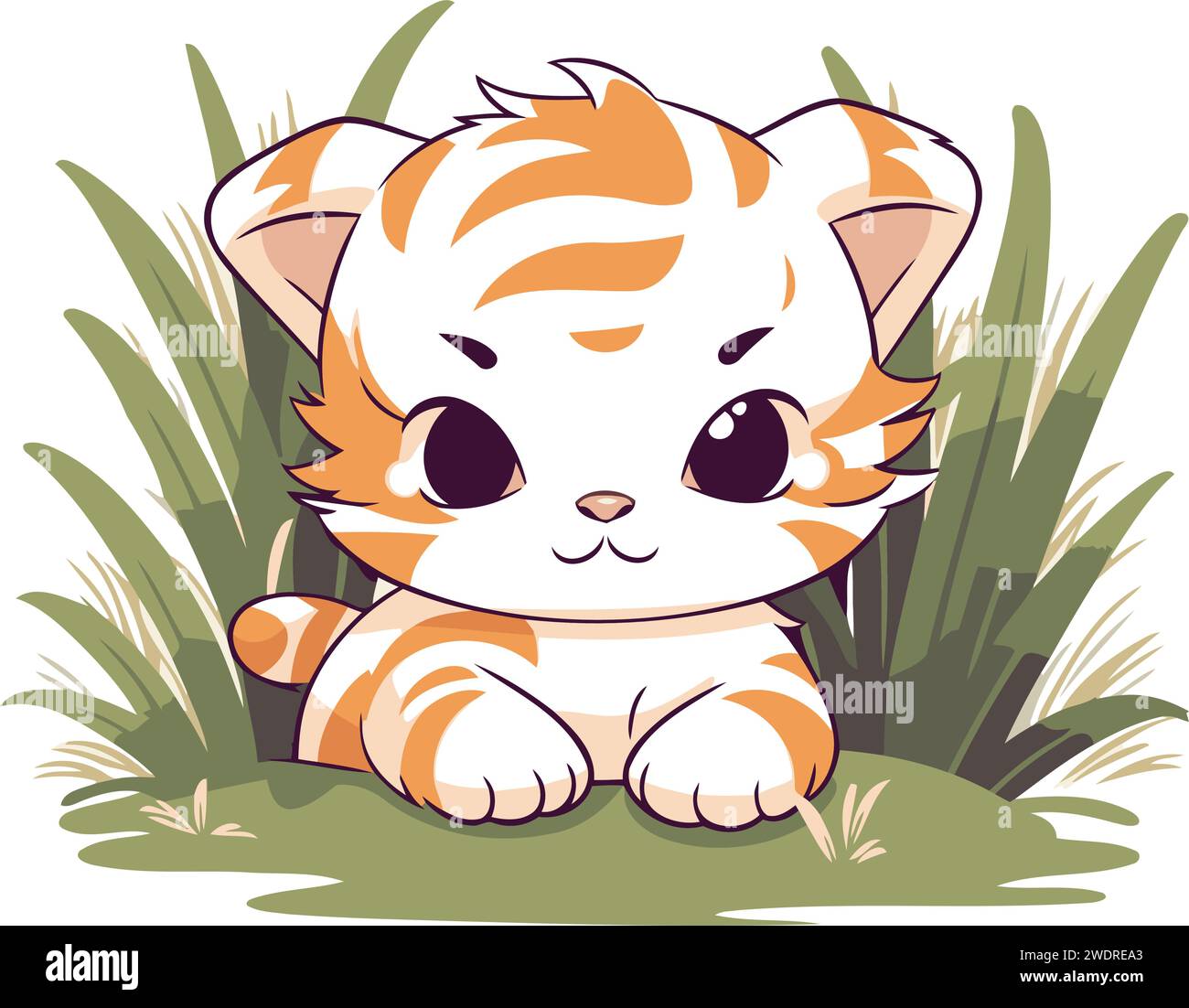 Mignon petit tigre assis sur l'herbe. Illustration vectorielle dans le style de bande dessinée. Illustration de Vecteur