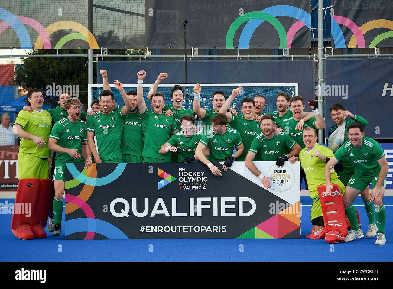 Valencia, Espagne. 21 janvier 2024. Les joueurs d'Irlande célèbrent après le match de qualification olympique de hockey masculin 2024 à Valence, en Espagne, le 21 janvier 2024. Crédit : Pablo Morano/Xinhua/Alamy Live News Banque D'Images