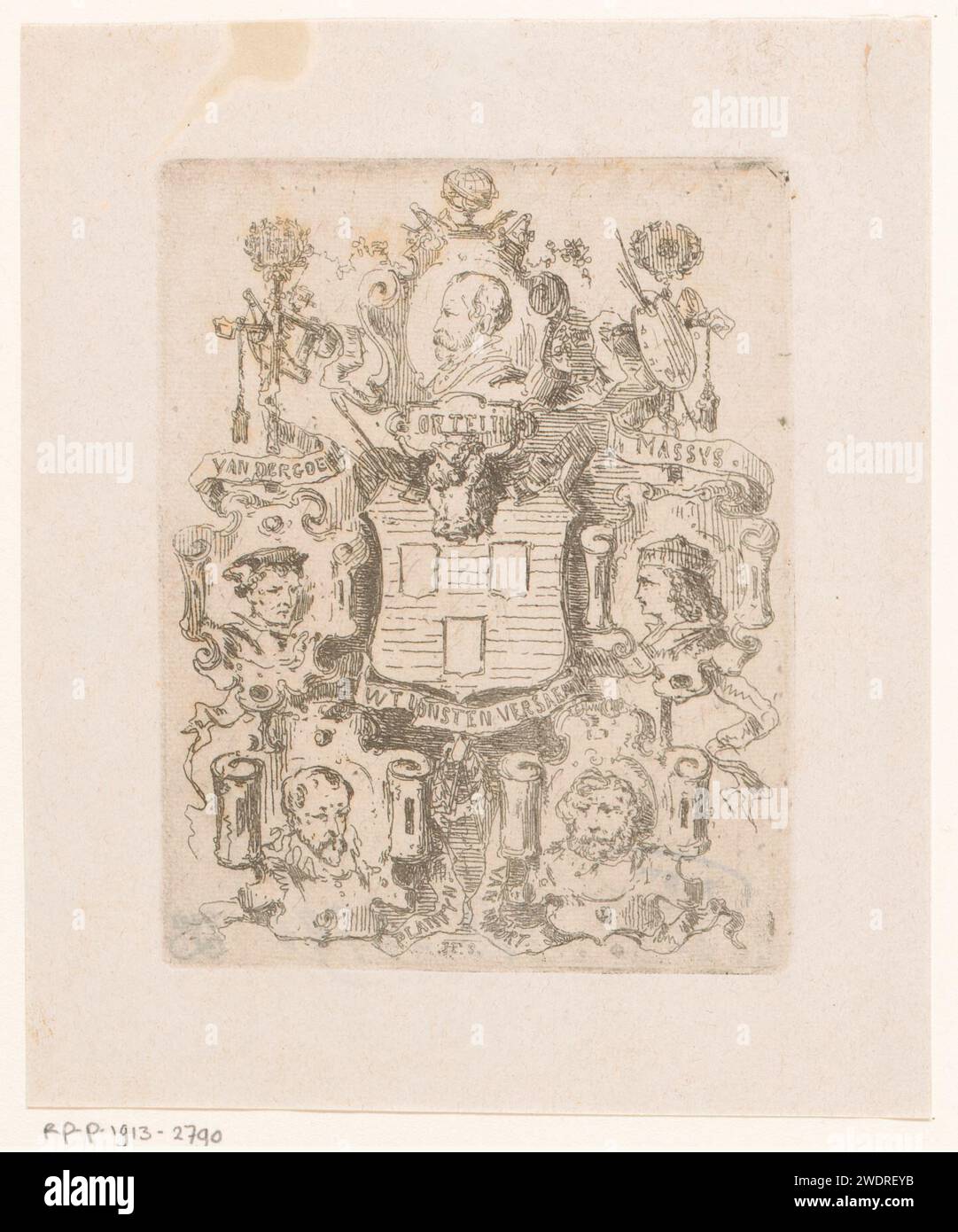 Armoiries de la Guilde Saint-Lucas avec environ cinq portraits, Henri François Schaefels, 1837 - 1888 tirage les portraits sont de : Abraham Ortelius, Quinten Massijs, Lambert van Noort, Christoffel Plantijn et Hugo van der Goes. Gravure papier des armoiries de la Guilde de Saint-Luc. personnages historiques Banque D'Images