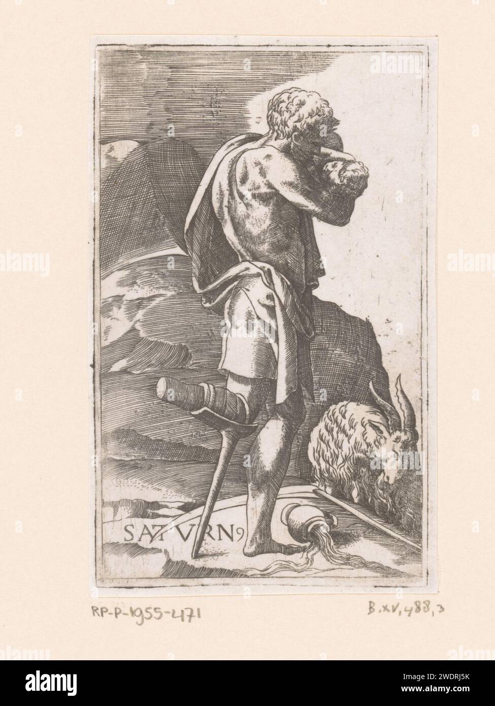 Saturne avec jambe en bois et bébé dans ses bras, Georges Reverdy, gravure sur papier imprimée 1536 - 1569 (histoire de) Saturne (Cronus). Saturne et ses enfants ('Planetenkinder') Banque D'Images