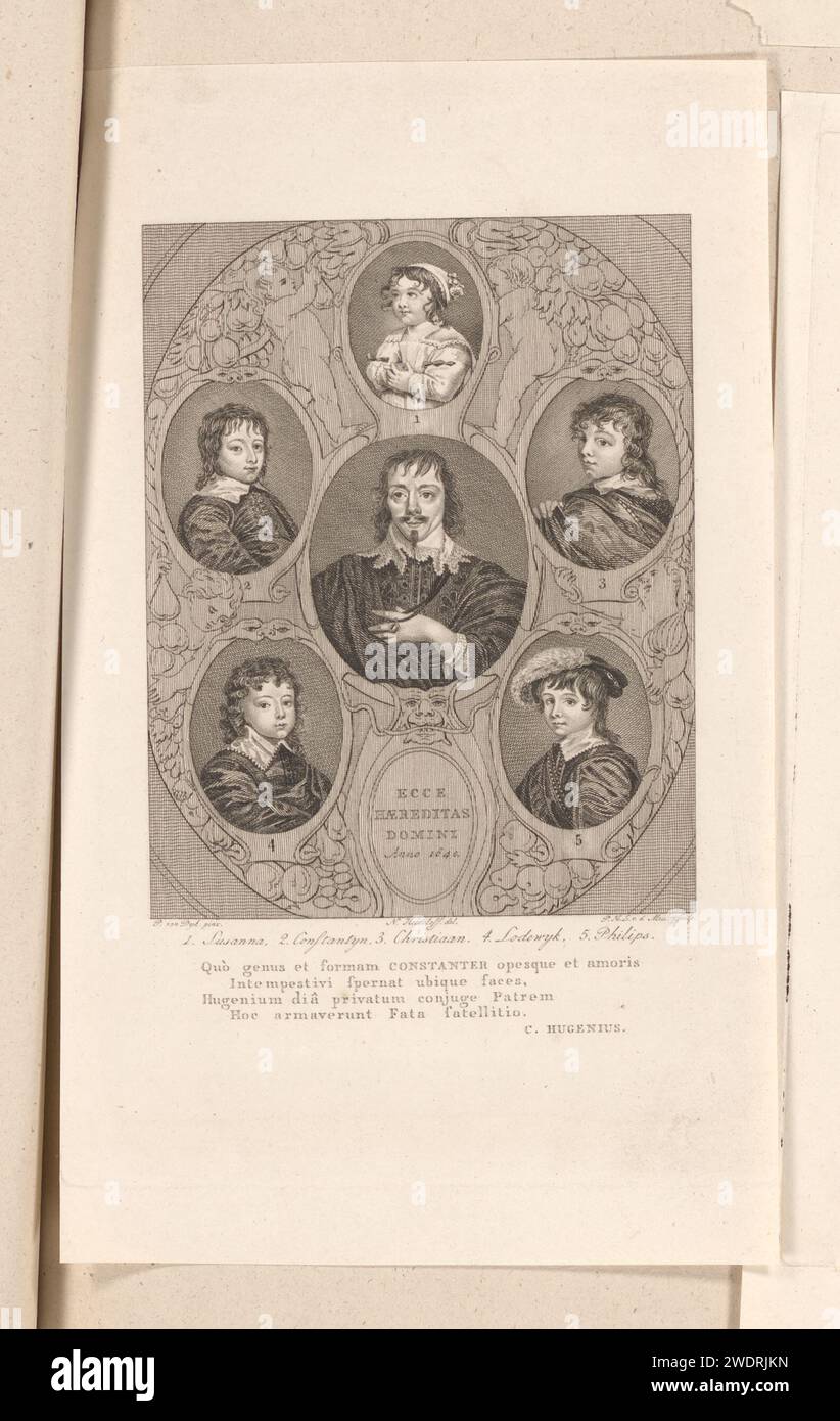 Portraits de Constantijn Huygens et de ses cinq enfants, Pieter van der Meulen, d'après Nicolaus Heideloff, d'après Philip van Dijk, 1817 - 1818 tirage Portrait du poète et diplomate Constantijn Huygens, entouré des portraits de ses enfants : Constantijn, Christiaan, Lodewijk, Philip et Susanna. Au bas de la marge, un verset de quatre lignes en latin. L'impression fait partie d'un album. Imprimeur : Amsterdampublisher : gravure sur papier Haarlem Banque D'Images