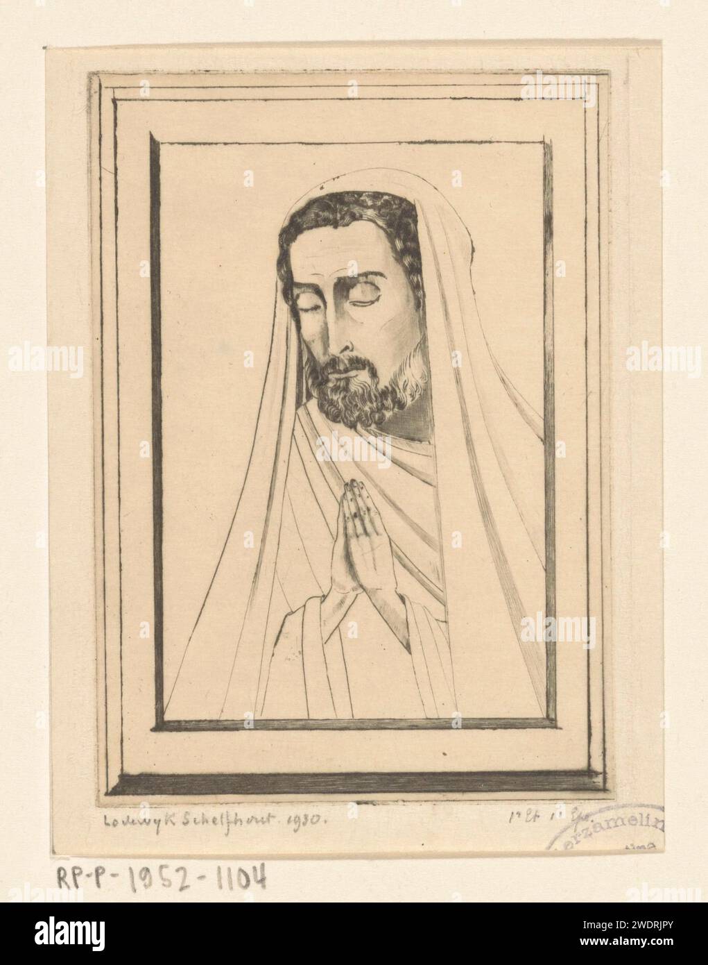 Jozef, Lodewijk Schelfhout, 1930 estampe Joseph, les mains pliées et les yeux fermés. Papier point sec le père adoptif du Christ, Joseph de Nazareth, mari de Marie ; attributs possibles : baguette ou baguette fleurie, lys, outils de charpentier. une personne priant Banque D'Images