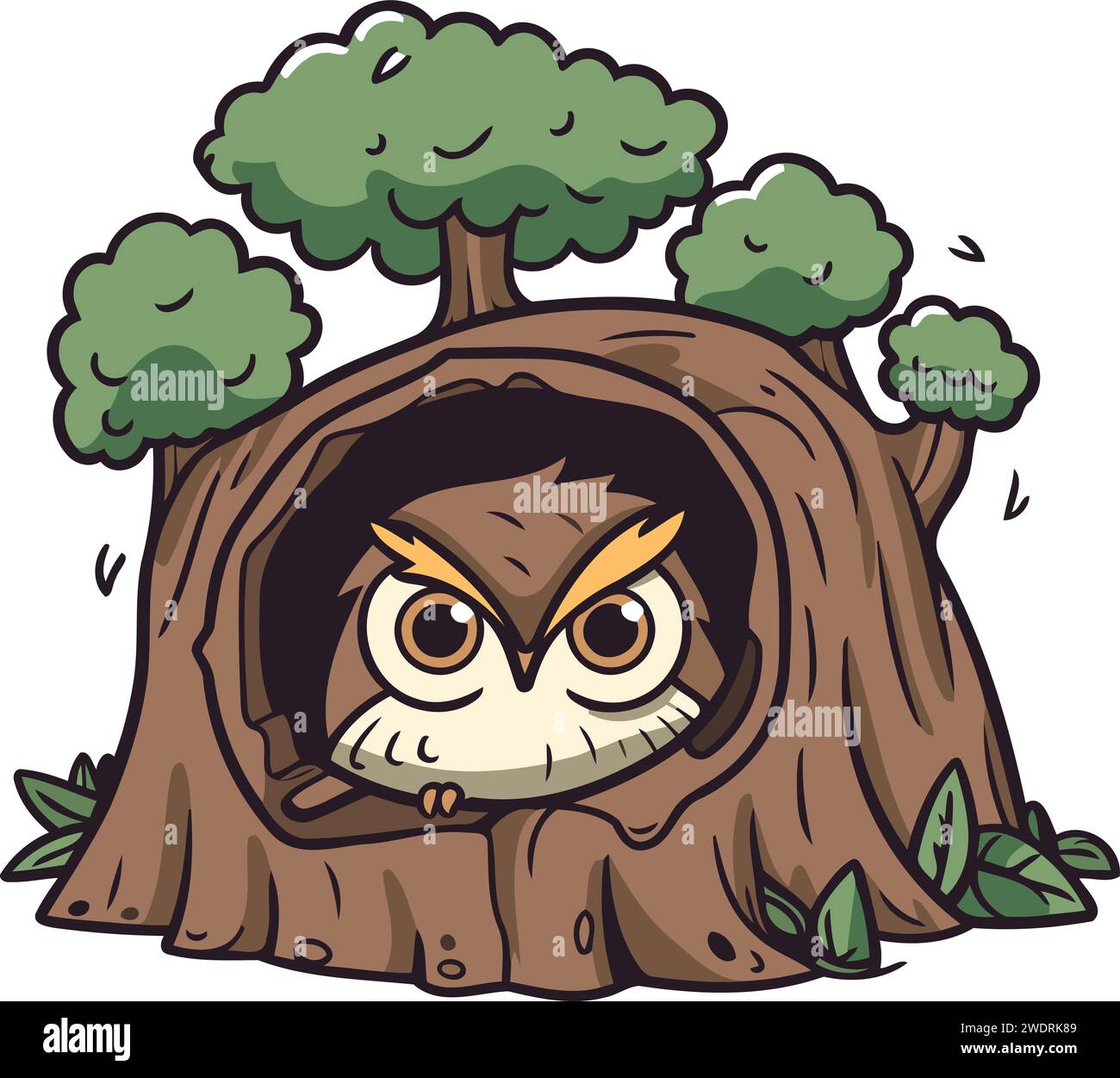 Hibou dans le creux d'un arbre. Illustration de dessin animé vectoriel. Illustration de Vecteur