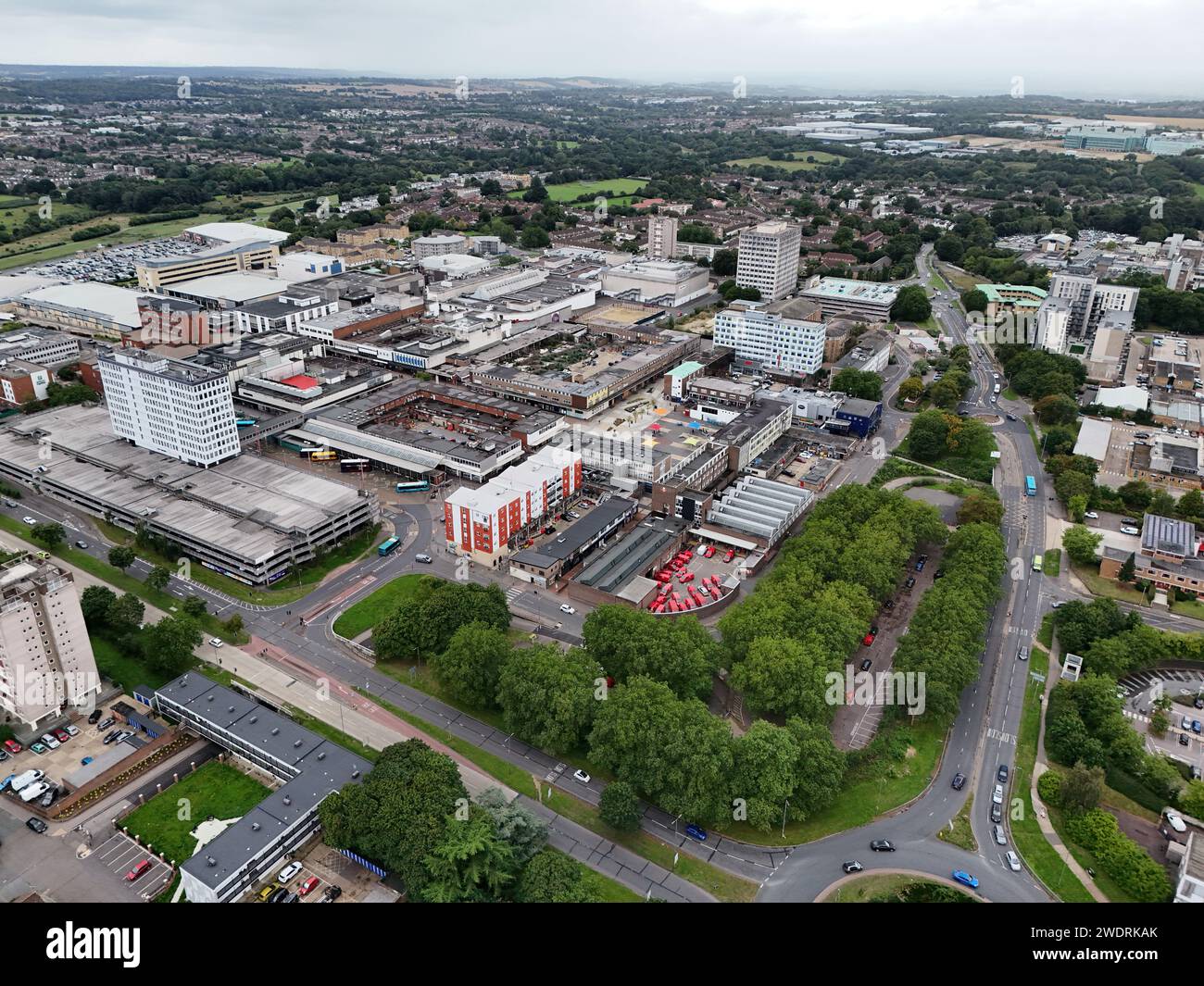 Harlow centre-ville Essex UK drone, point de vue aérien haut Banque D'Images