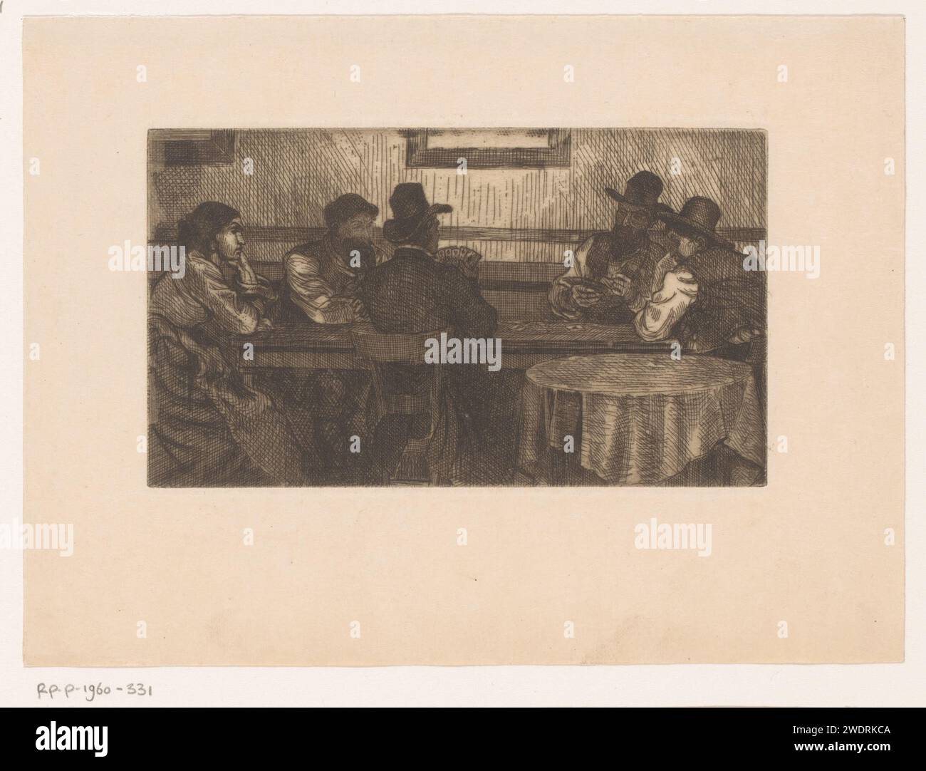 Les joueurs de cartes à la table, Xavier Mellery (attribué à), 1855 - 1913 cartes à jouer gravées sur papier imprimé. homme adulte (+ quatre personnes). femme adulte Banque D'Images