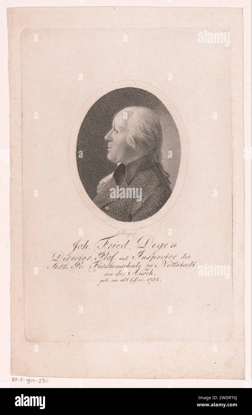 Portrait van Johann Friedrich Degen, Friedrich Wilhelm Bollinger, 1790 - 1825 print Berlin papier personnages historiques Banque D'Images