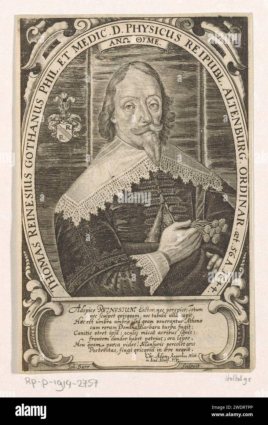 Portrait de Thomas Reinesius à l'âge de 56 ans, Johann Dürr, 1644 estampe avec louange en latin. Imprimeur : BerlinAllemagne gravure sur papier personnes historiques. roulement armorial, héraldique. ornement  médaillon. ornement  cartouche. pendentif, bibelot, 'breloque'. fleurs Banque D'Images