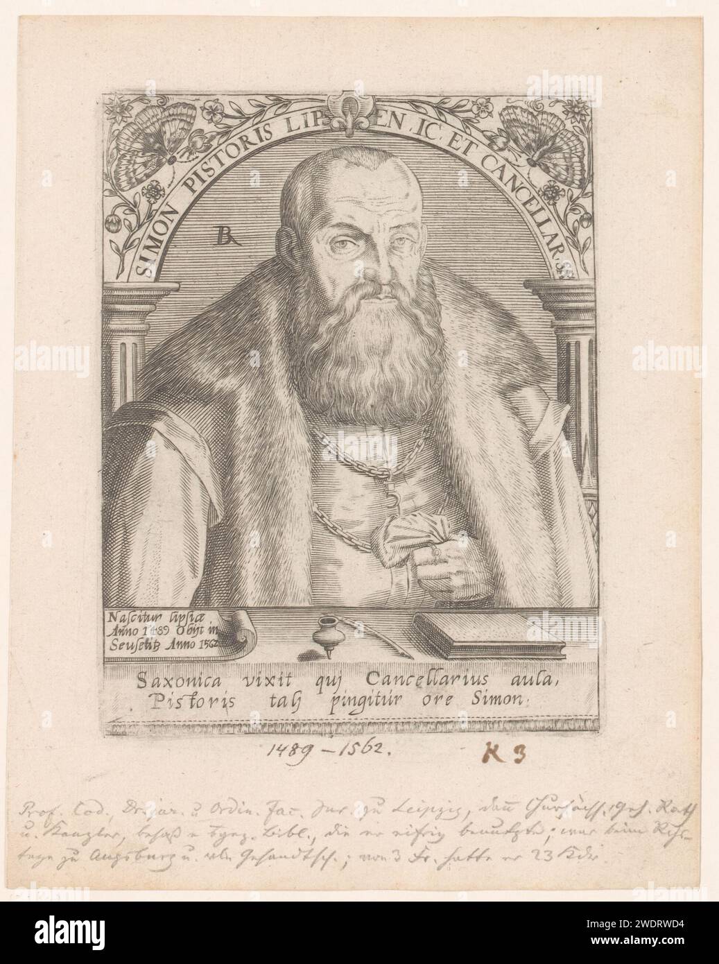 Portret van Simon Baker 2, Robert Boissard, 1597 - 1599 print France gravure sur papier personnages historiques. livre. insectes : papillon Banque D'Images