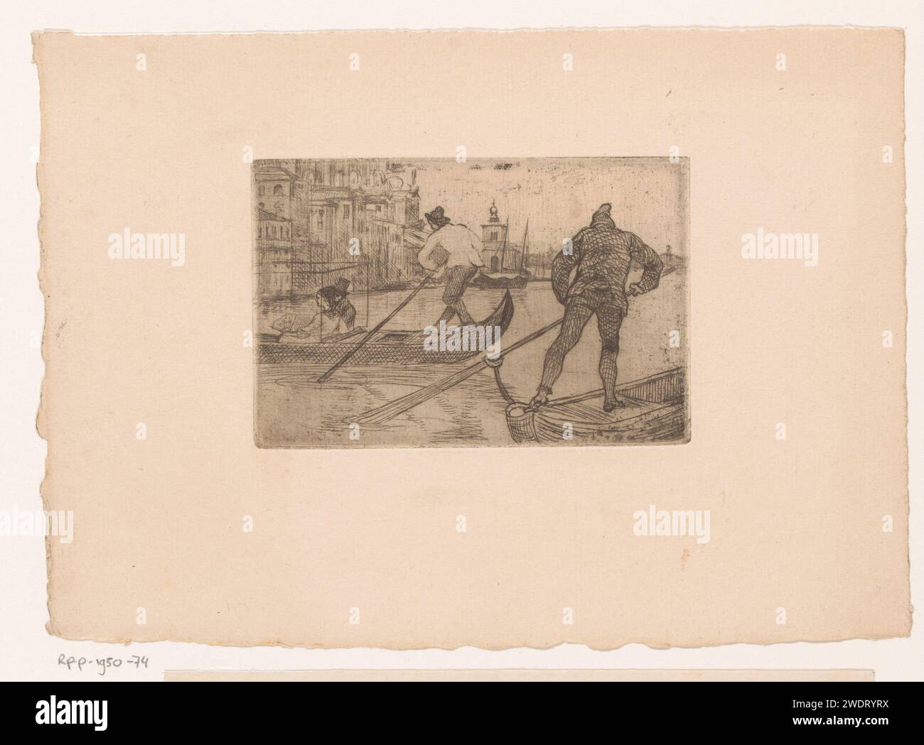 Gondels avec Gondelier sur l'eau à Venise, Xavier Mellery (attribué à), 1855 - 1921 gravures papier gondole. Canaux, eaux (en ville) Venise Banque D'Images