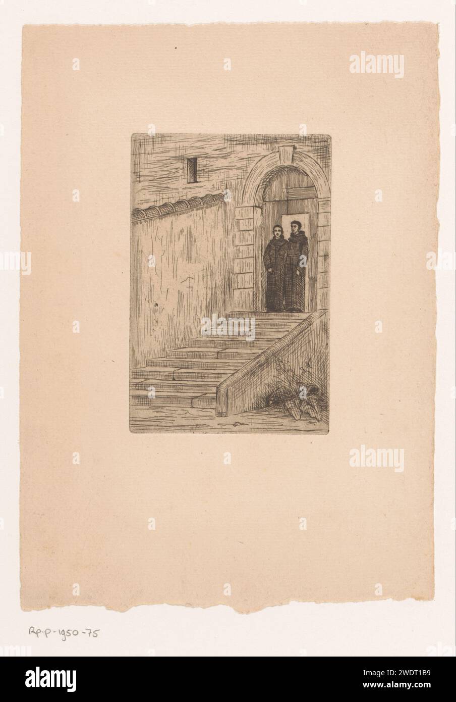 Deux moines pour une porte de monastère, Xavier Mellery (attribué à), 1855 - 1921 papier gravure moine(s), frère(s). marchepieds avant. porte Banque D'Images