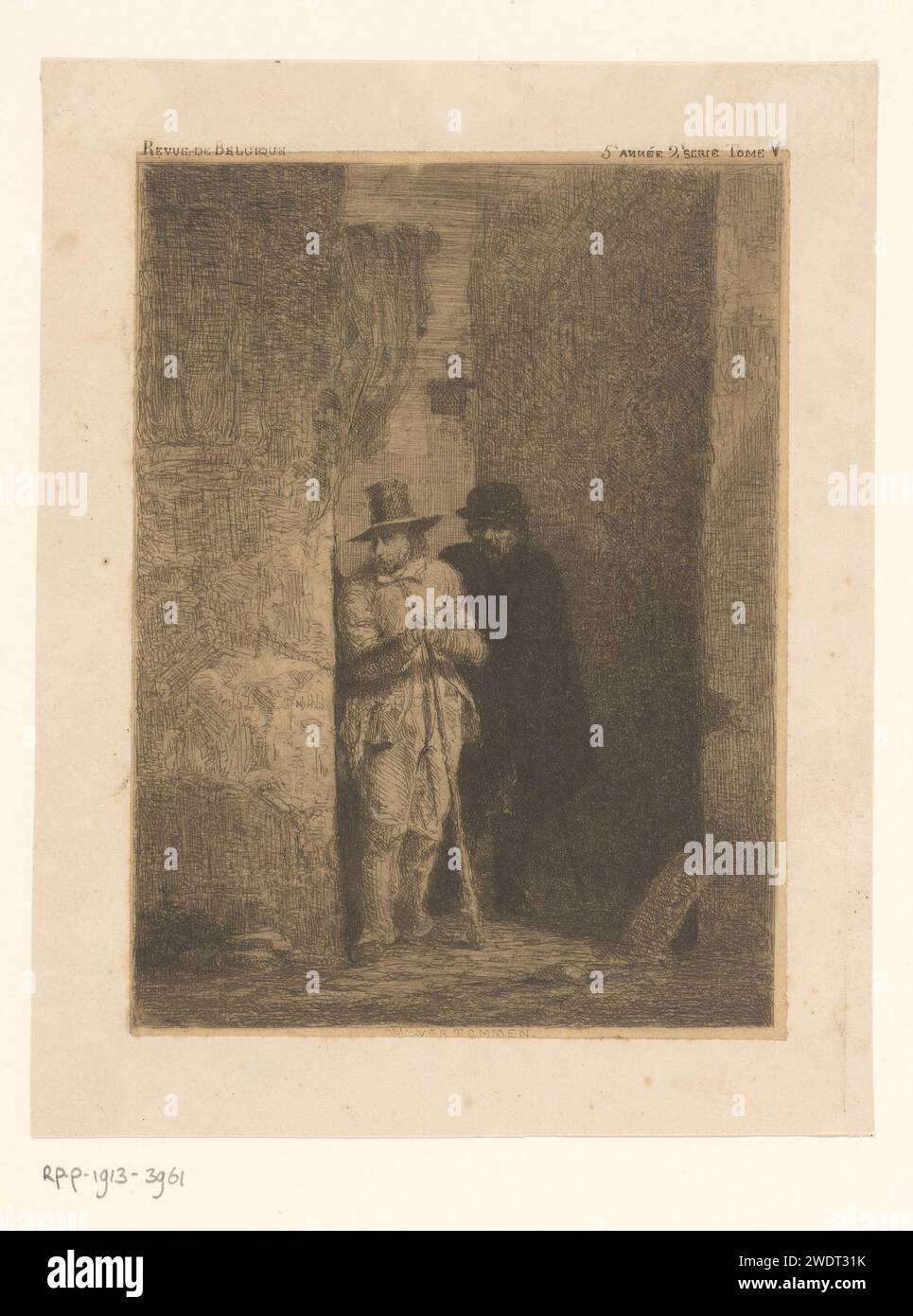 Deux hommes dans une ruelle regardent autour du coin d'un immeuble, Guillaume Joseph Vertommen, 1825 - 1863 print Bovenaan : Revue de Belgique ; 5 année 2e SERIE TOME V. papier. gravure lane, allée. homme adulte (+ deux personnes). bâton de marche, personnel Banque D'Images