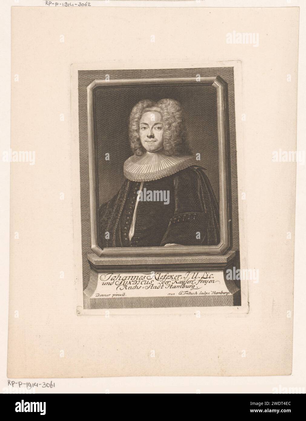 Portrait van Johann Klefeker, Christian Fritzsch, d'après Balthasar Denner, 1728 estampe sur papier de Hambourg gravant des personnages historiques Banque D'Images
