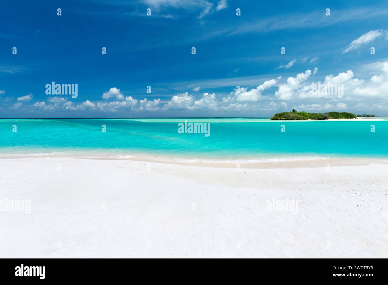 Plage de sable blanc lagon et île, Maldives, océan Indien, Asie Banque D'Images