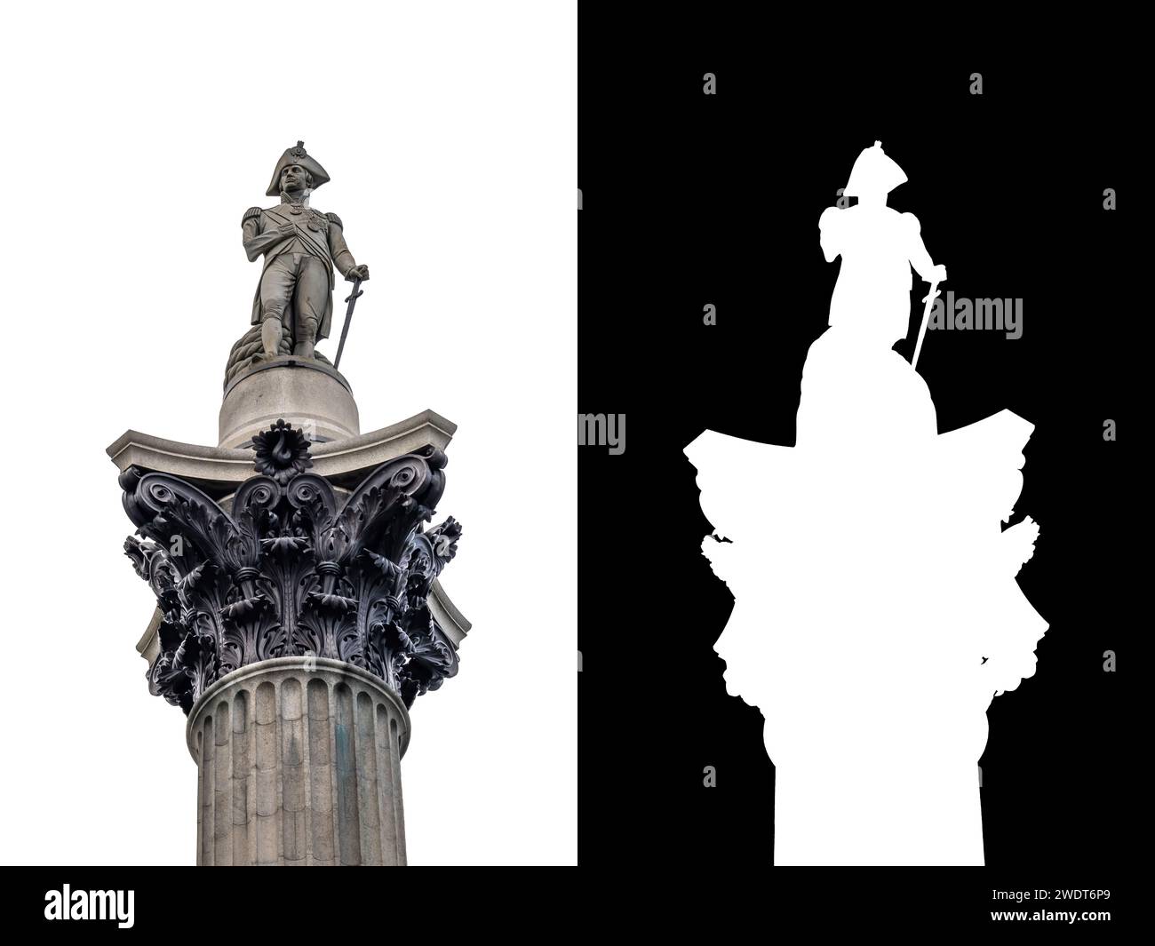 Le sommet de la colonne Nelson à Trafalgar Square avec la statue d'Horatio Nelson sur le sommet, Londres, Royaume-Uni. Isolé sur fond blanc witk clipping ma Banque D'Images