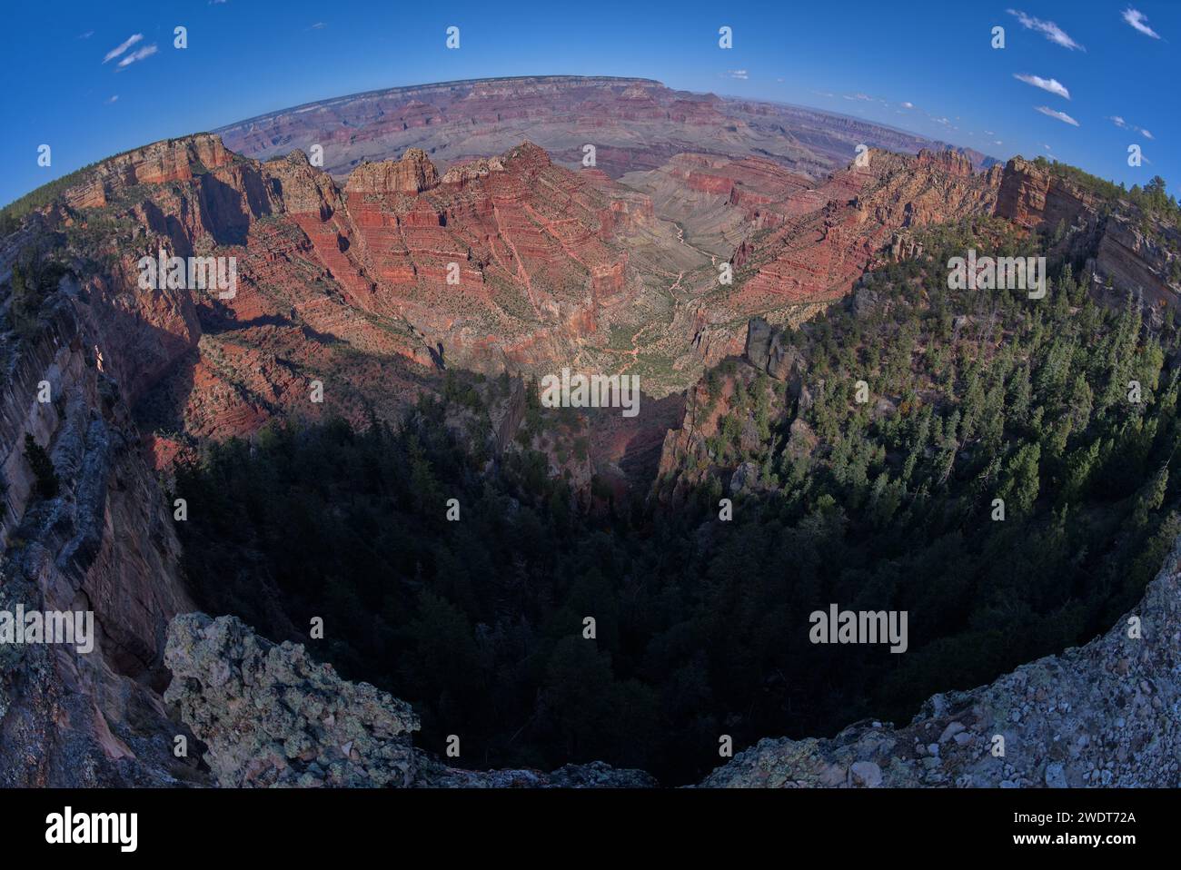 Vue fisheye du canyon Hance depuis le plateau sud du Grand Canyon avec Grandview point est sur la gauche Banque D'Images